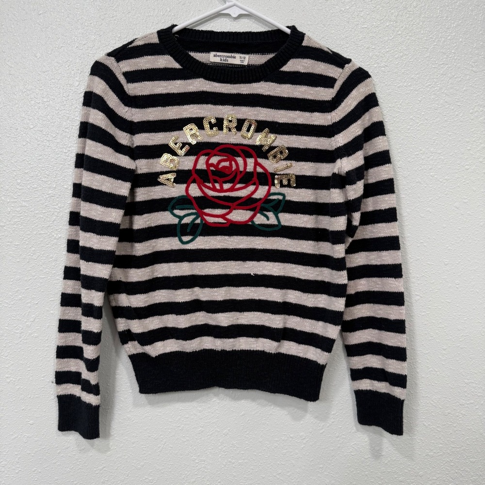 Abercrombie Kids Striped‎ Rose Sequin Sweater Girls Size 11 12 Black Cream